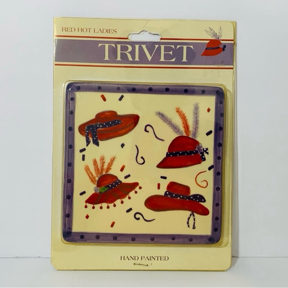 🆕 2004 Canterbury Potteries Red Hot Ladies Hand Painted Red Hat Trivet